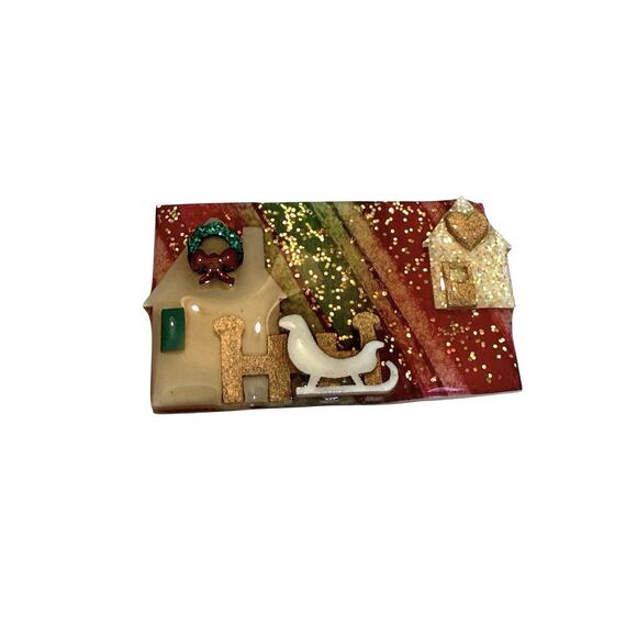 House Pins by Lucinda Christmas Pin Wreath, Heart, Sleigh, Two Houses Rectangle - Picture 1 of 7